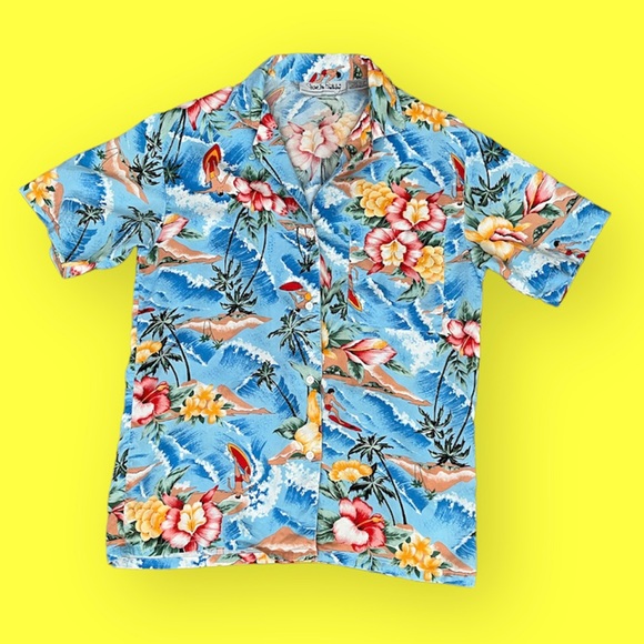 Vintage Diane Von Furstenberg Hawaiian Aloha Shirt Blue size 6 - Picture 1 of 9